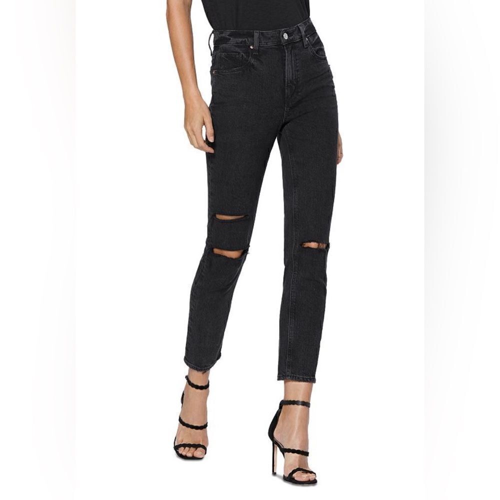 PAIGE Sarah Slim high rise straight leg ripped knees- BLACK. 28